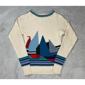 Vintage Collage Sweater Women Small Cream Sailboat Knit Nautical Colorblock